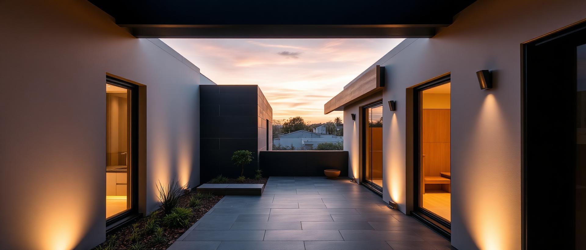 Modern residential architectural detail at dusk